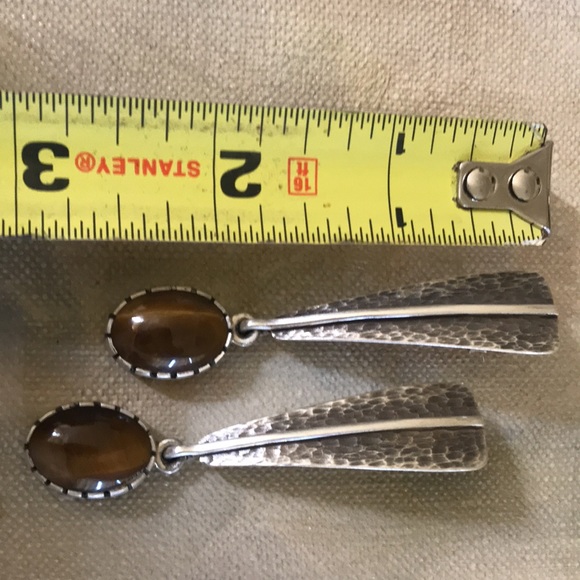 ON HOLD signed sterling and Tigereye MCM earrings, large Boho sleek mod - Picture 6 of 6